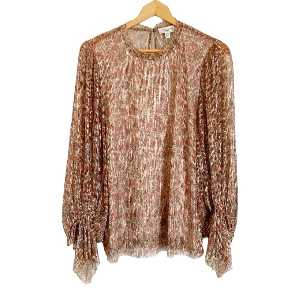 Ted Baker Missiy Metallic Ivory Floral Bishop Fluted Sleeve Blouse size L-XL